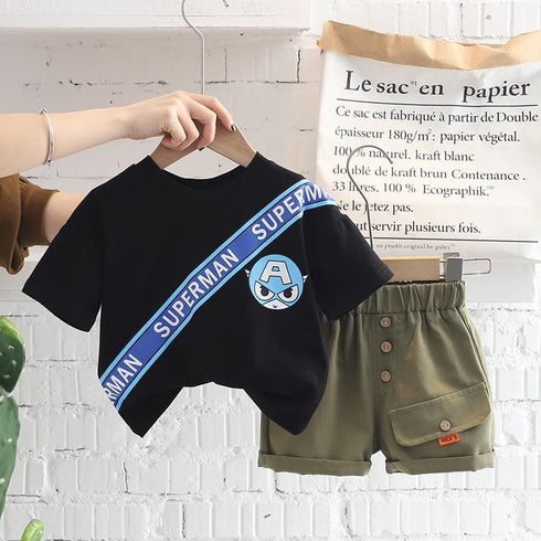 Boys' printed cartoon bag short sleeved Pullover two piece set